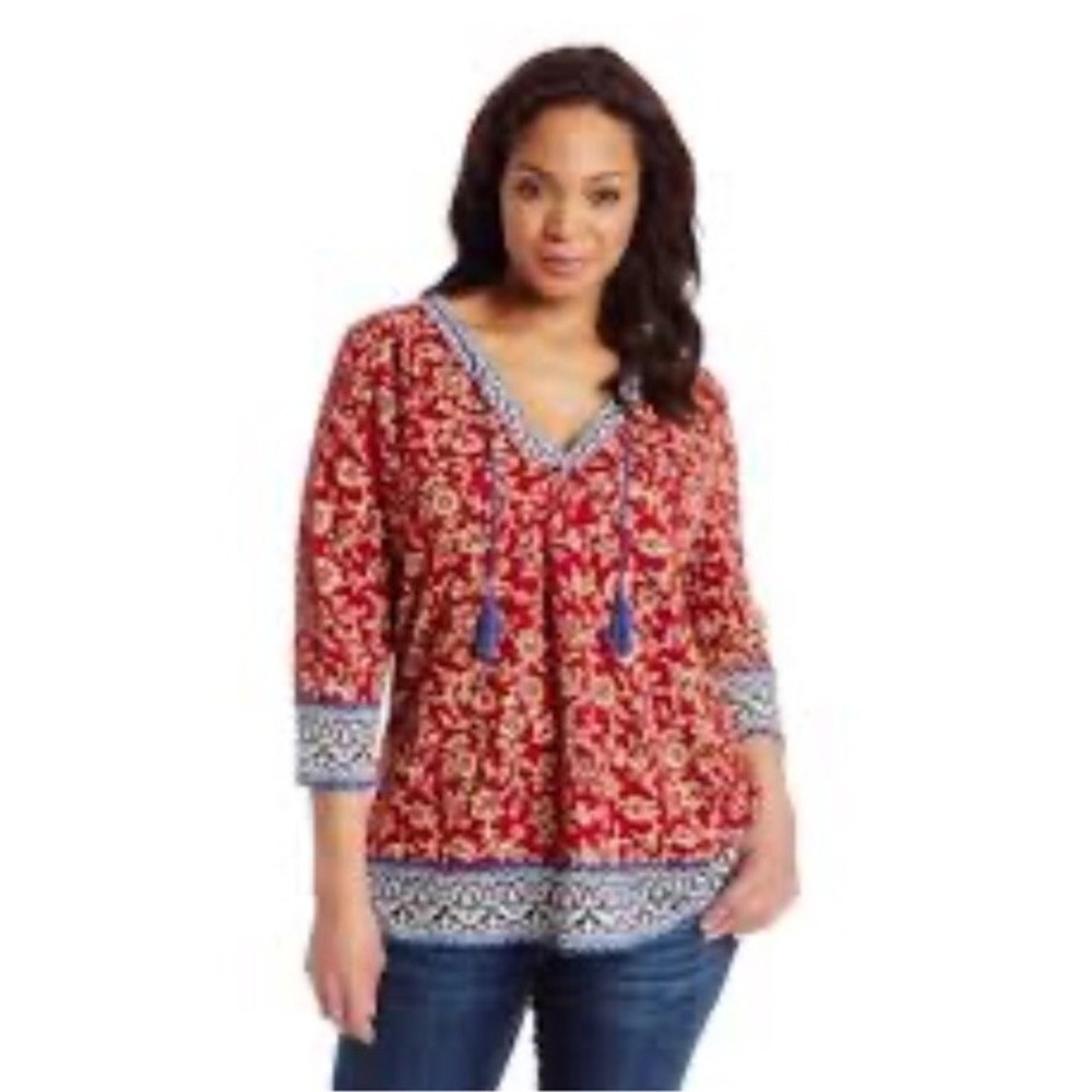 Lucky Brand Red Blue Hobo Printed Tie Neck Cotton Modal Peasant Top Blouse Xl
